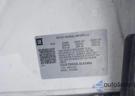 2020 Chevrolet Bolt Ev Fwd Premier z USA, uszkodzony, nr VIN 1G1FZ6S02L4141464